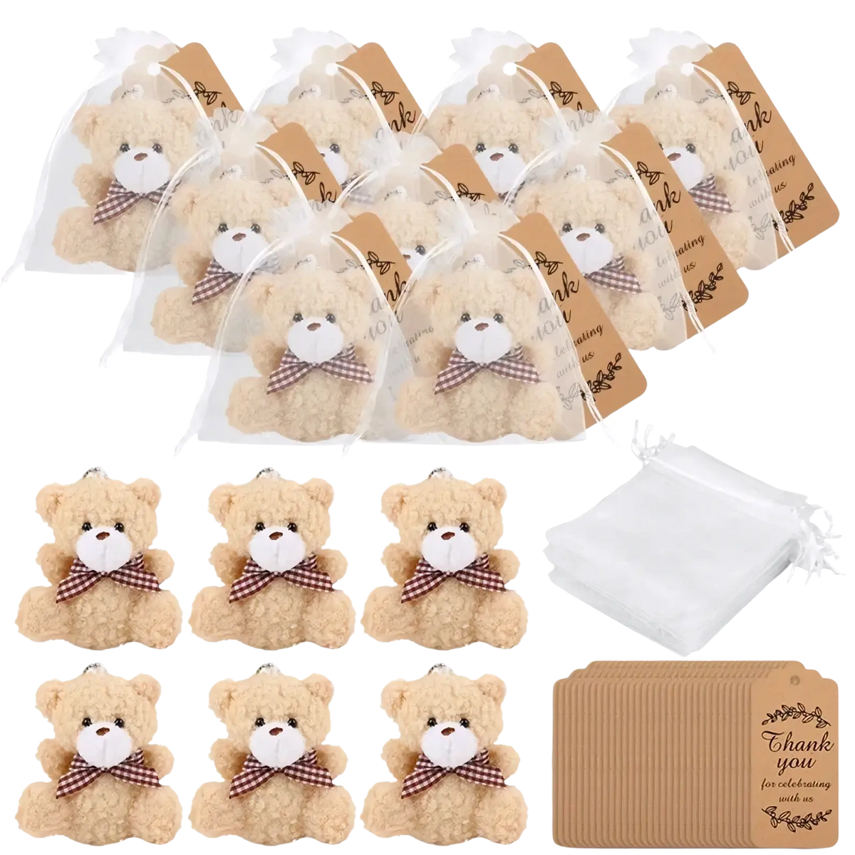 Beige plush teddy bear favors with brown and white checkered bows in organza bags set for party gifts