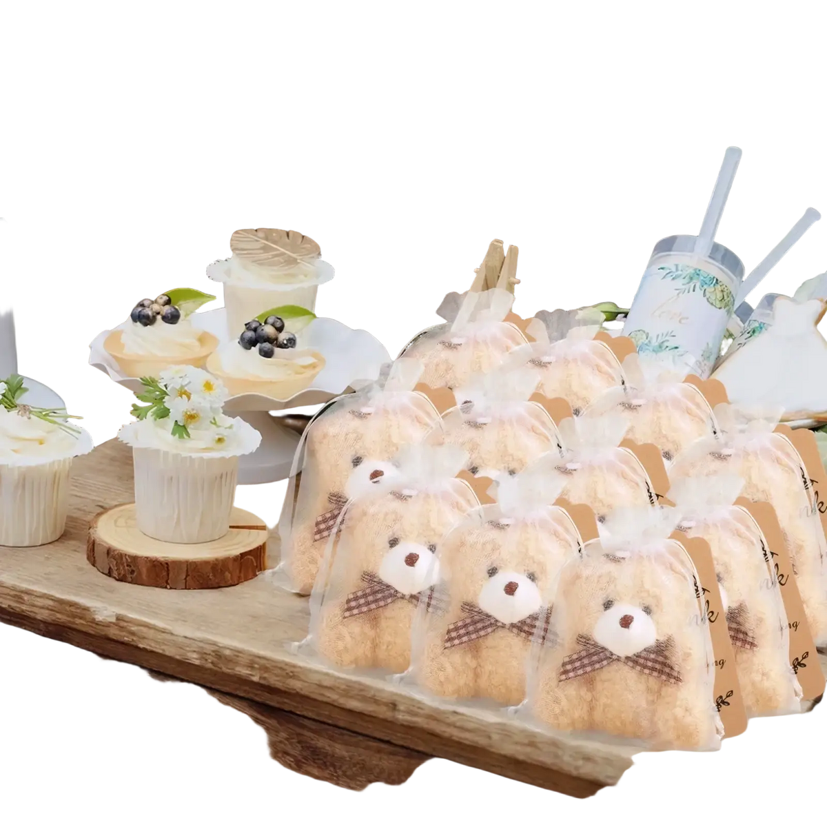 Teddy bear favors with organza bags set featuring cute beige teddy bear-shaped cookies in clear cellophane bags with brown plaid bows