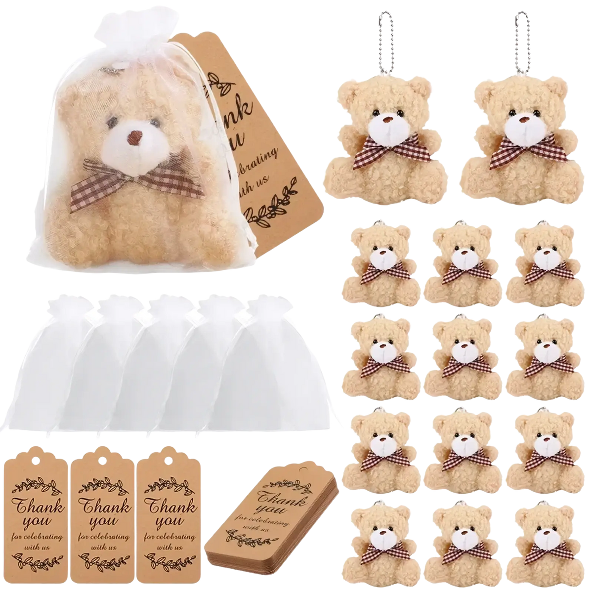Fuzzy beige teddy bear keychains with white faces brown button noses and red and white checkered bows in organza bags set