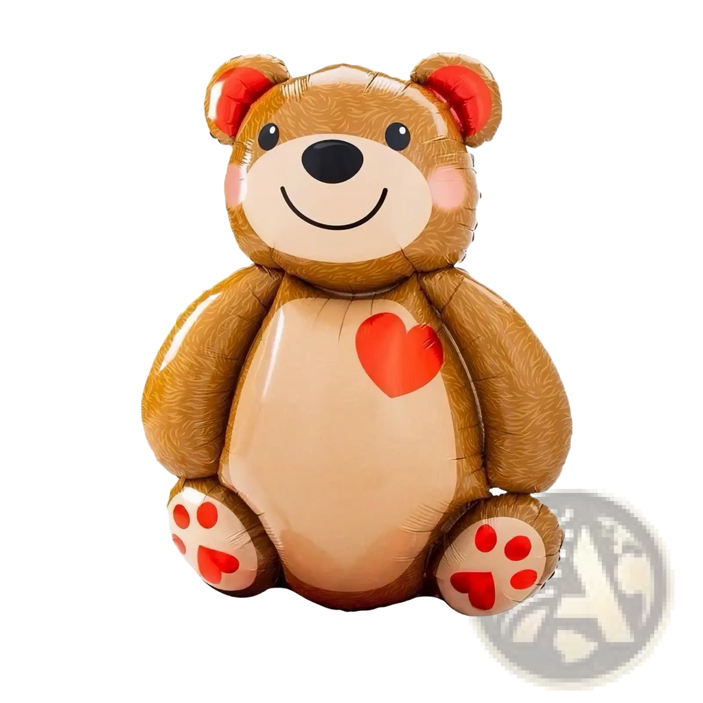 A brown inflatable teddy bear foil balloon with red heart details and black button eyes for party decoration