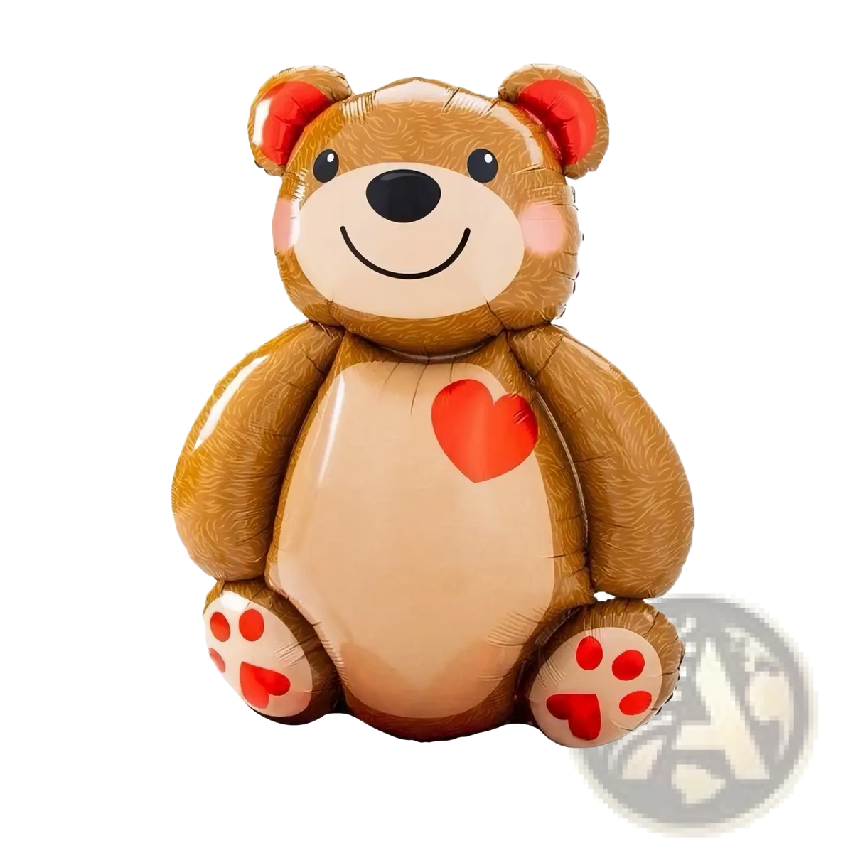 A brown inflatable teddy bear foil balloon with red heart details and black button eyes for party decoration