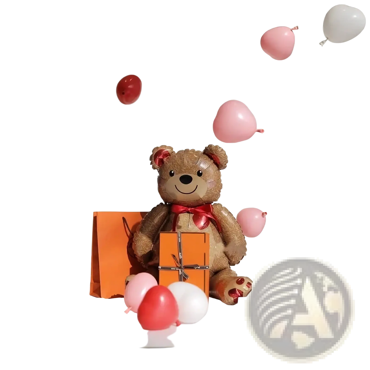 Brown inflatable teddy bear foil balloon with a red ribbon bow sitting beside an orange gift box for party decoration