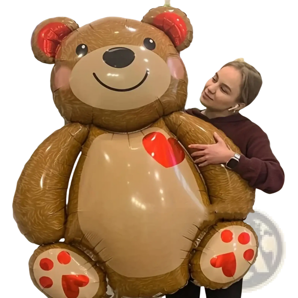 Brown inflatable teddy bear foil balloon with red heart accents on cheeks paws and belly for party decoration