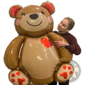 Brown inflatable teddy bear foil balloon with red heart accents on cheeks paws and belly for party decoration
