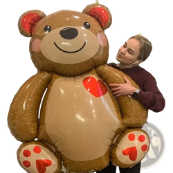 Brown inflatable teddy bear foil balloon with red heart accents on cheeks paws and belly for party decoration
