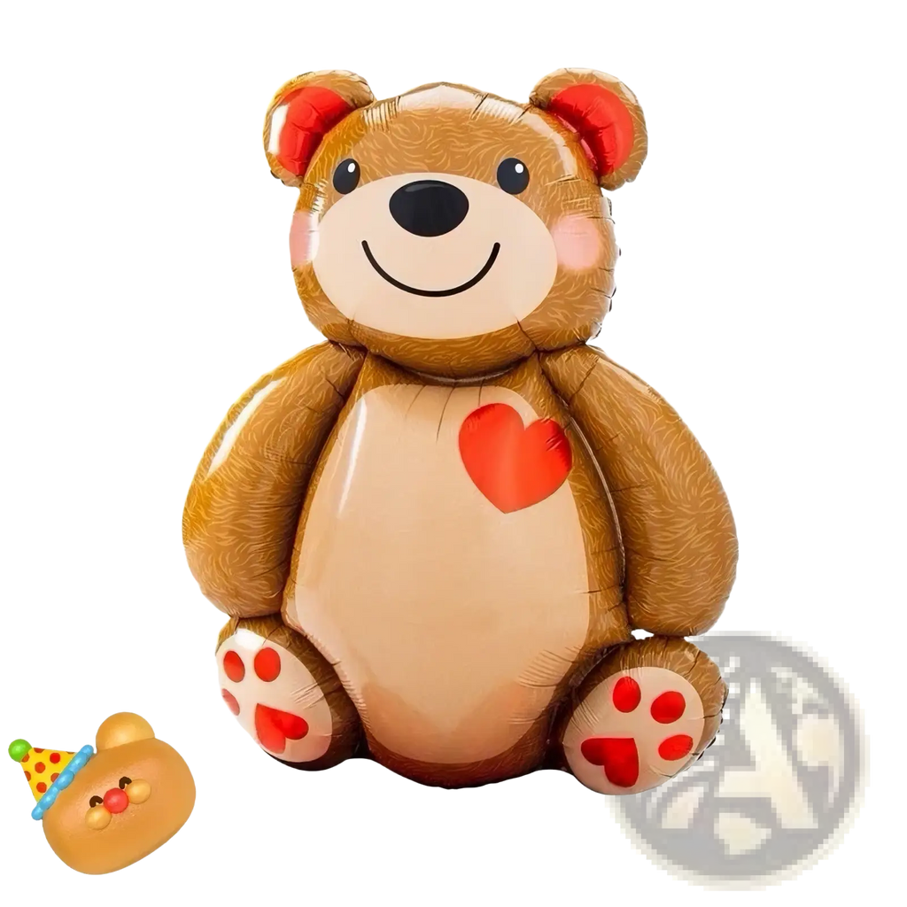 Brown inflatable teddy bear foil balloon with red heart and pink cheeks for party decoration