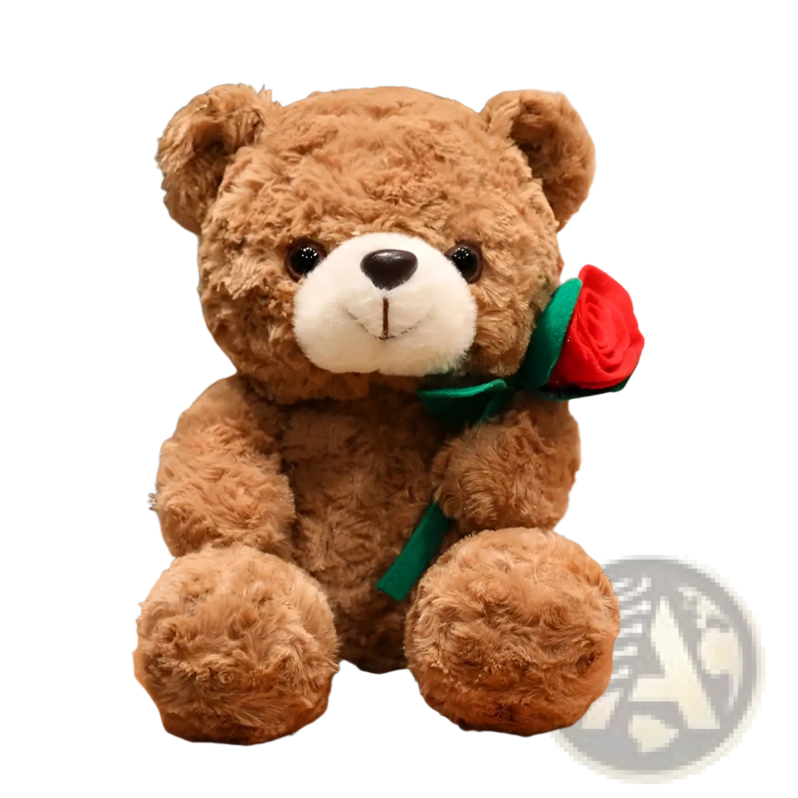 A plush brown teddy bear with a white snout holding a red rose with green ribbon for Valentine’s gift 16 to 25cm