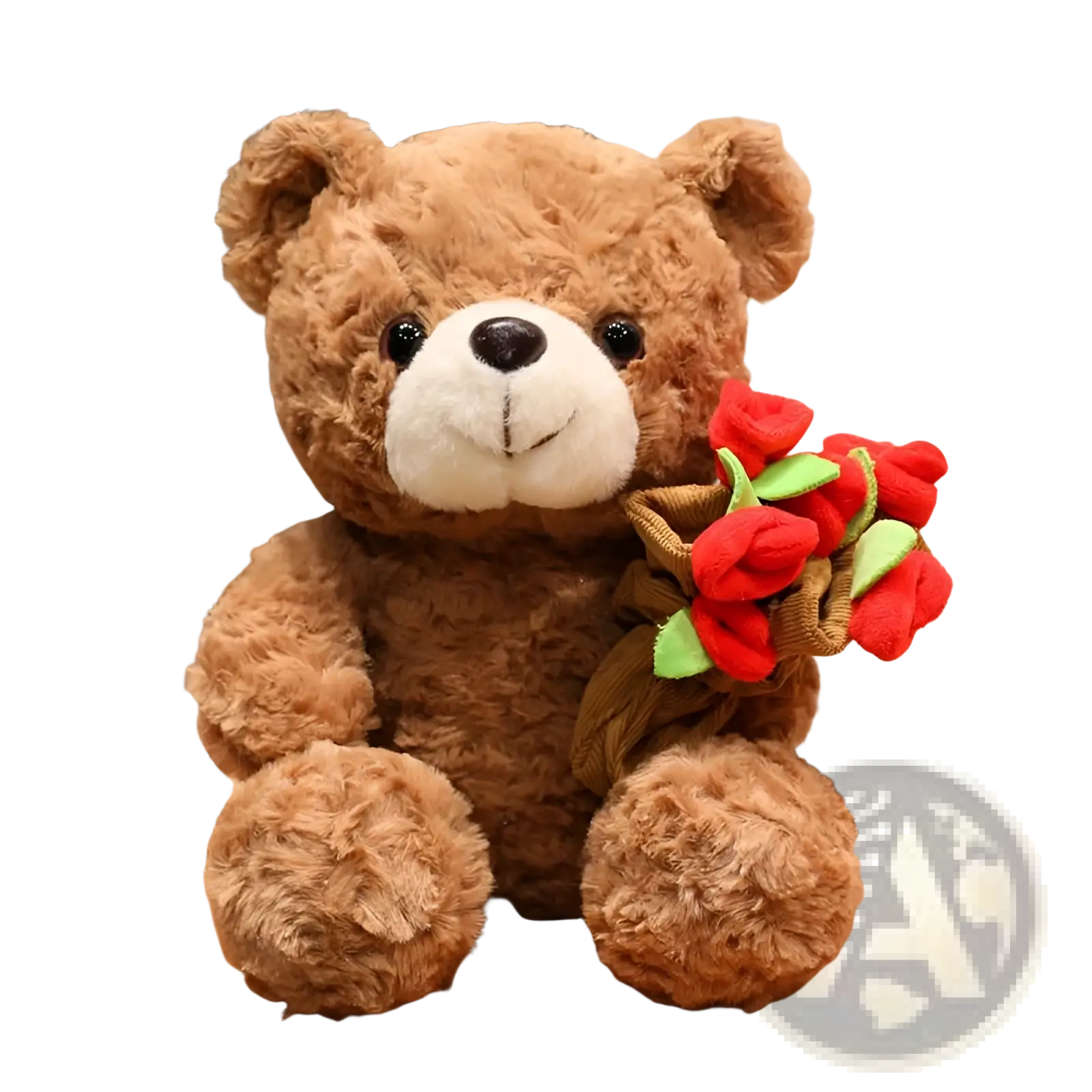 A plush brown teddy bear with white snout and black eyes holding red roses for valentine gift 16-25cm