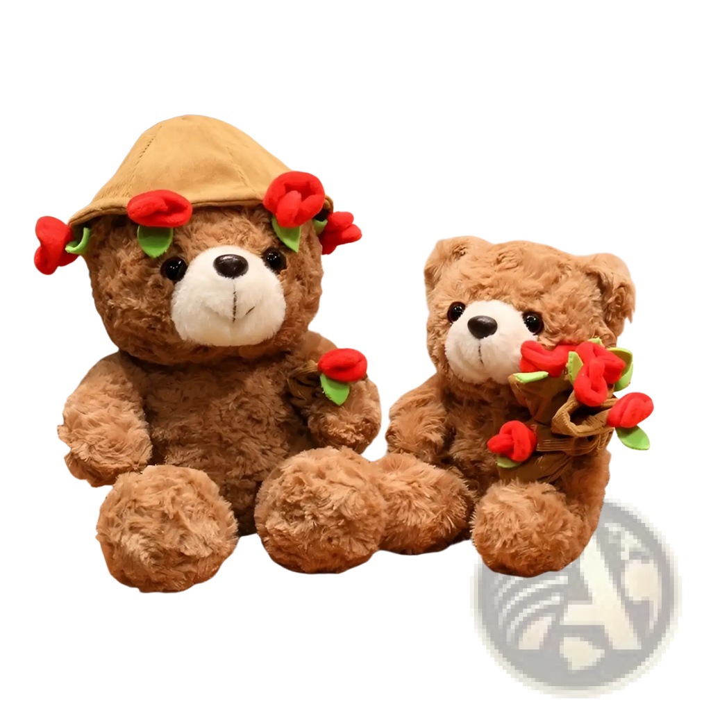 Fluffy brown teddy bear plush with red roses and beige corduroy hat ideal valentine gift 16-25cm