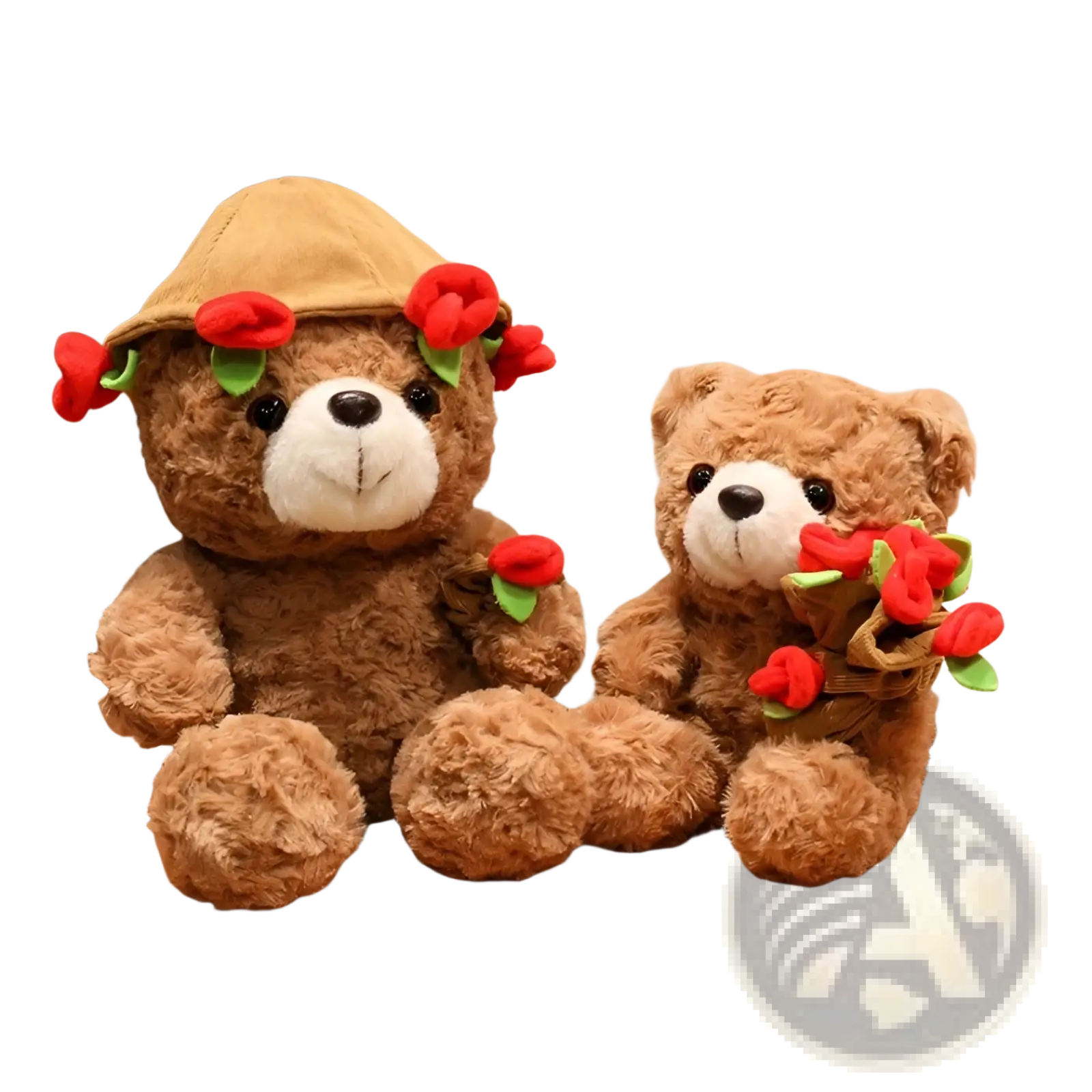 Fluffy brown teddy bear plush with red roses and beige corduroy hat ideal valentine gift 16-25cm