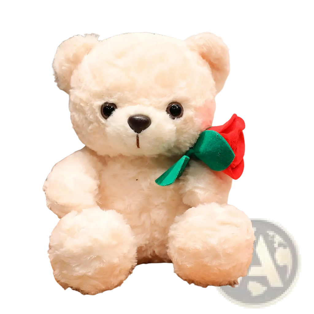 Soft cream-colored plush teddy bear holding a red rose with green ribbon for valentine gift 16-25cm