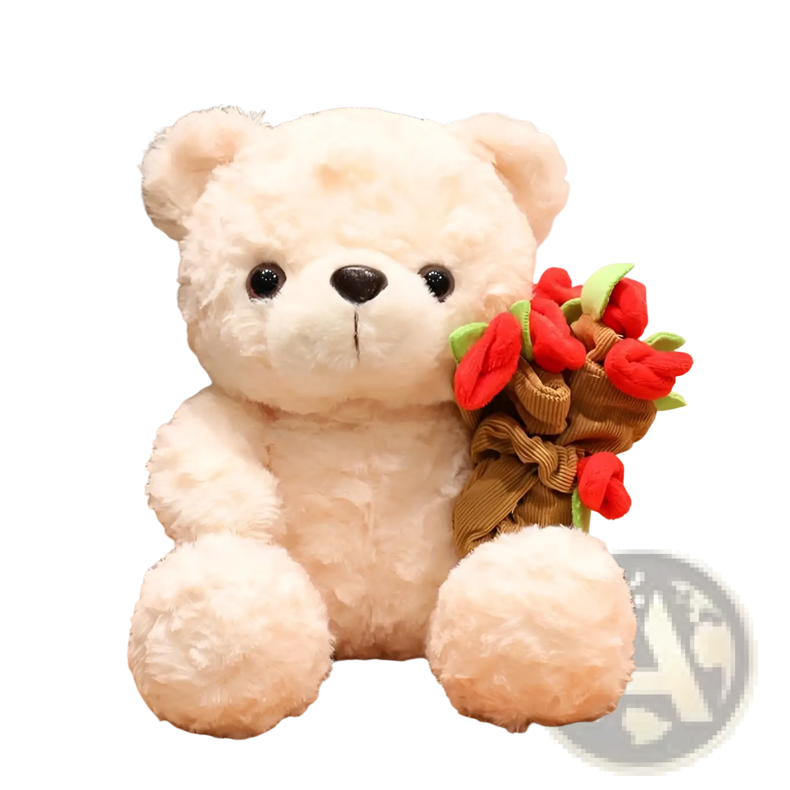 Fluffy white plush teddy bear holding a bouquet of red tulips wrapped in brown corduroy for valentine gift