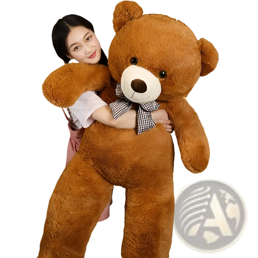 A plush brown teddy bear with a white snout and checkered bow tie soft toy for cuddling and decoration