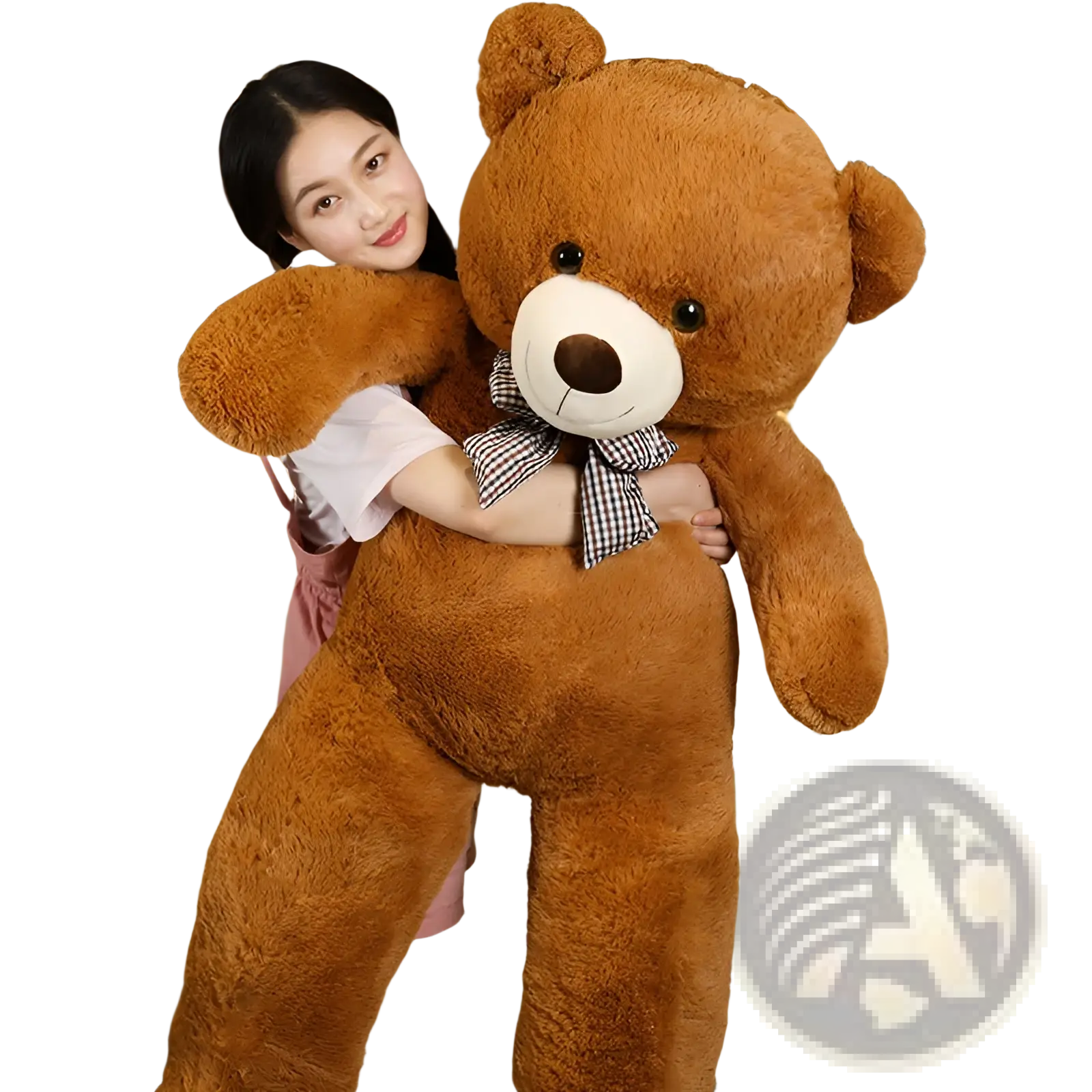A plush brown teddy bear with a white snout and checkered bow tie soft toy for cuddling and decoration