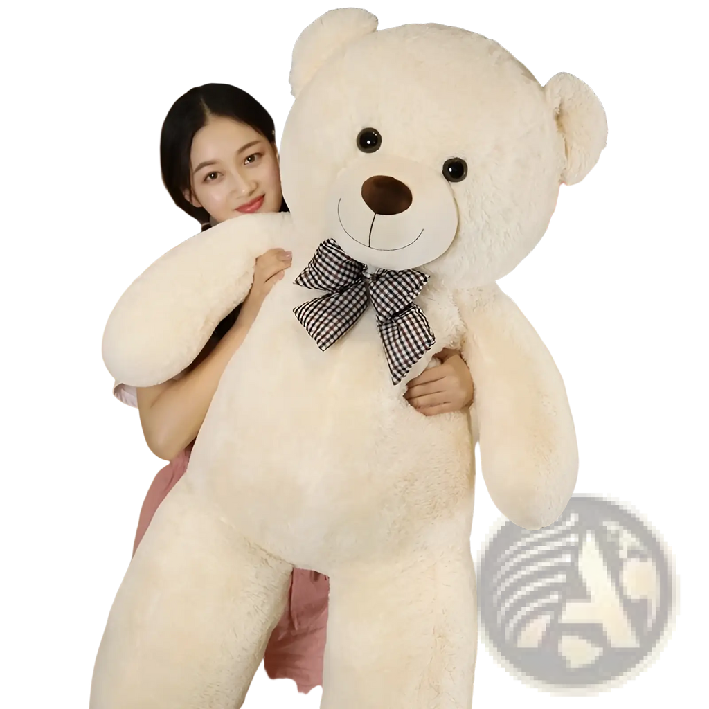 Cream-colored plush teddy bear with black button eyes brown nose and black-and-white checkered bow tie plush toy