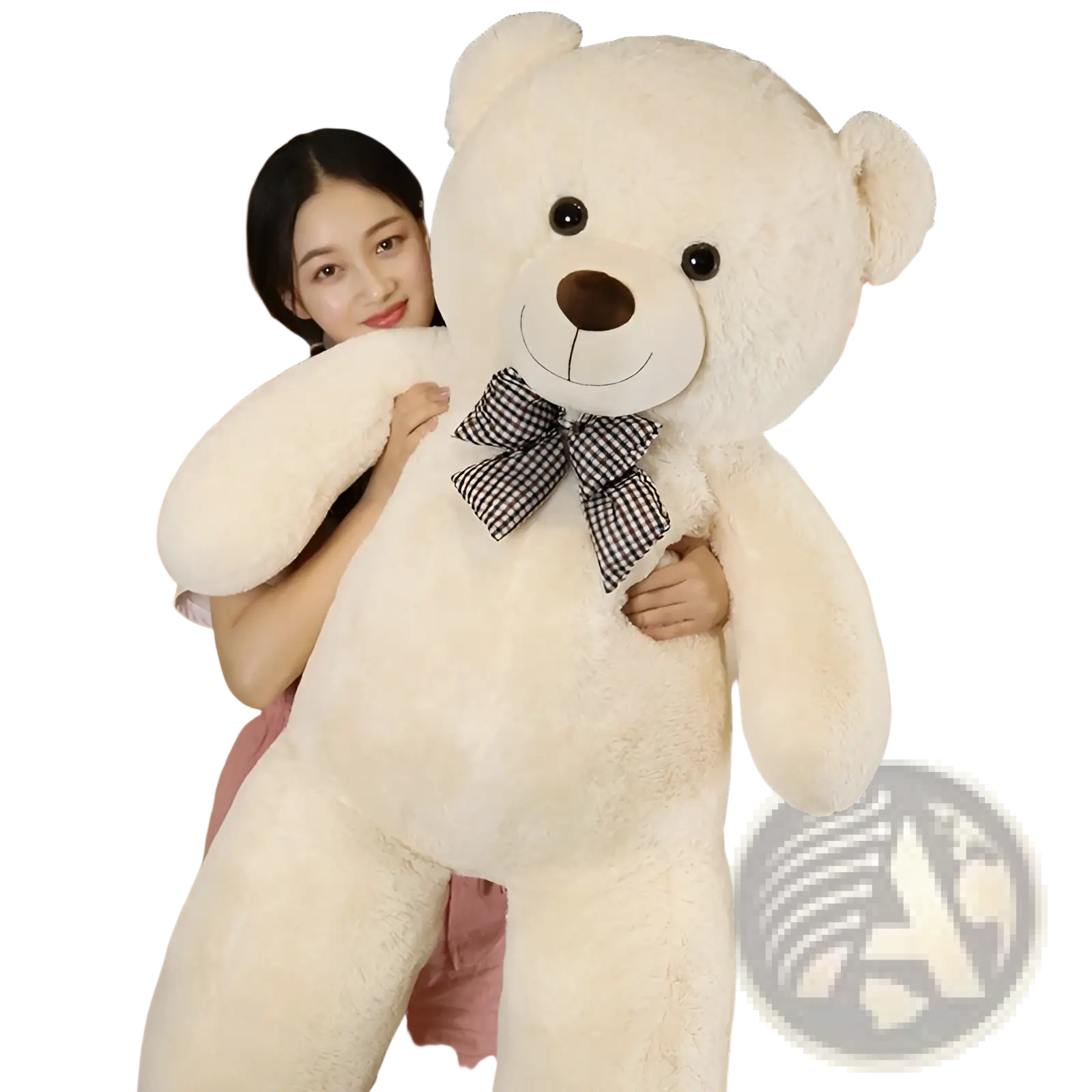 Cream-colored plush teddy bear with black button eyes brown nose and black-and-white checkered bow tie plush toy