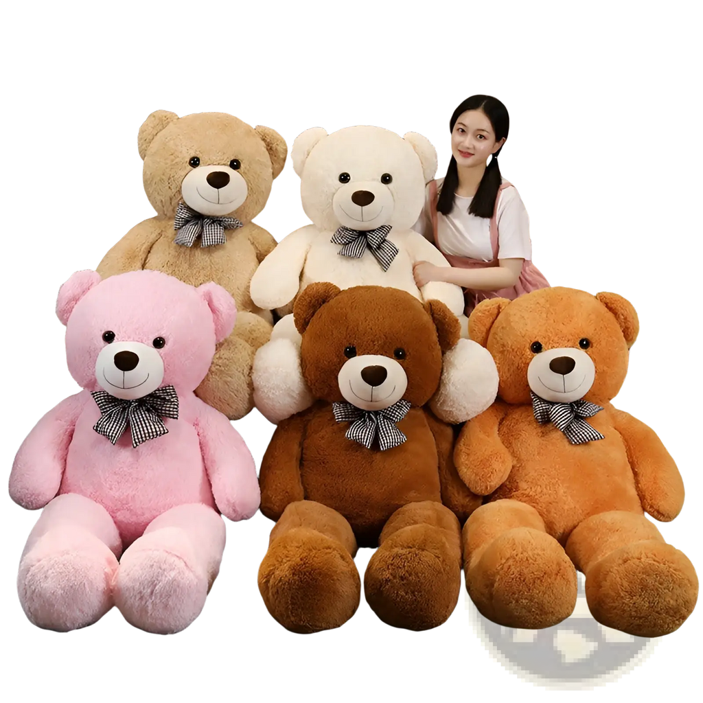 A plush pink teddy bear with soft fluffy texture wearing a black and white checkered bow tie plush toy