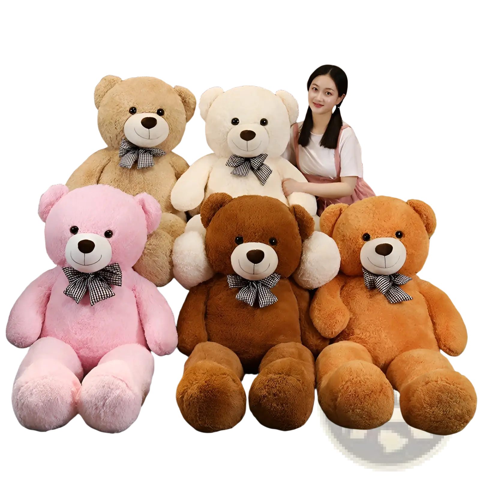 A plush pink teddy bear with soft fluffy texture wearing a black and white checkered bow tie plush toy