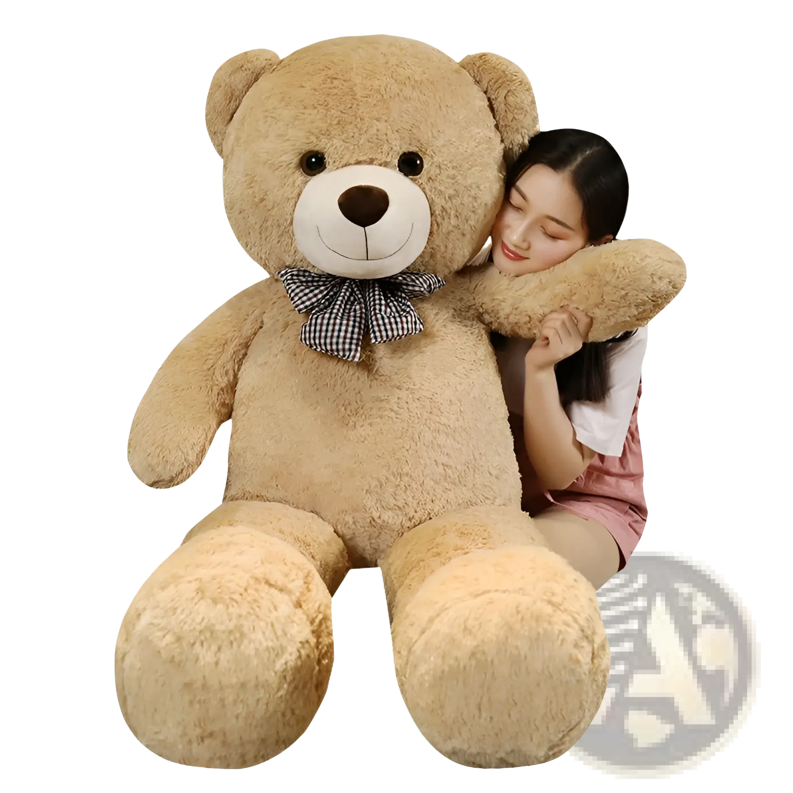 A plush tan teddy bear with white snout black button eyes and a checkered bow tie plush toy