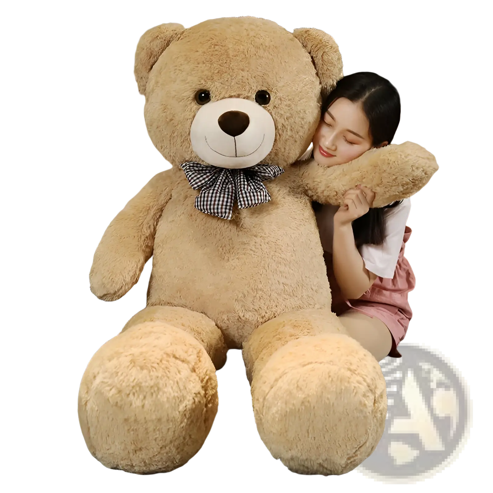 A plush tan teddy bear with a white snout black button eyes and checkered bow tie teddy bear plush toy