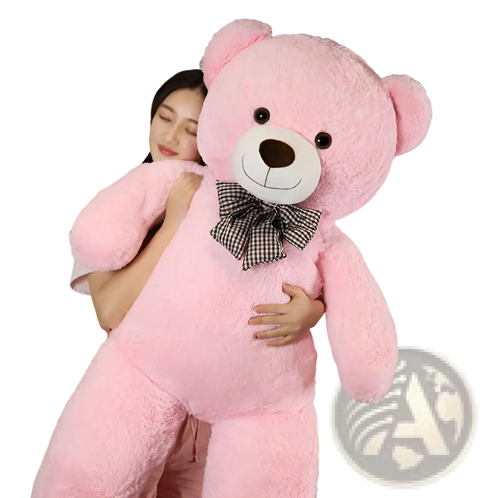 A plush pink teddy bear with a white snout black button eyes and a checkered bow tie plush toy