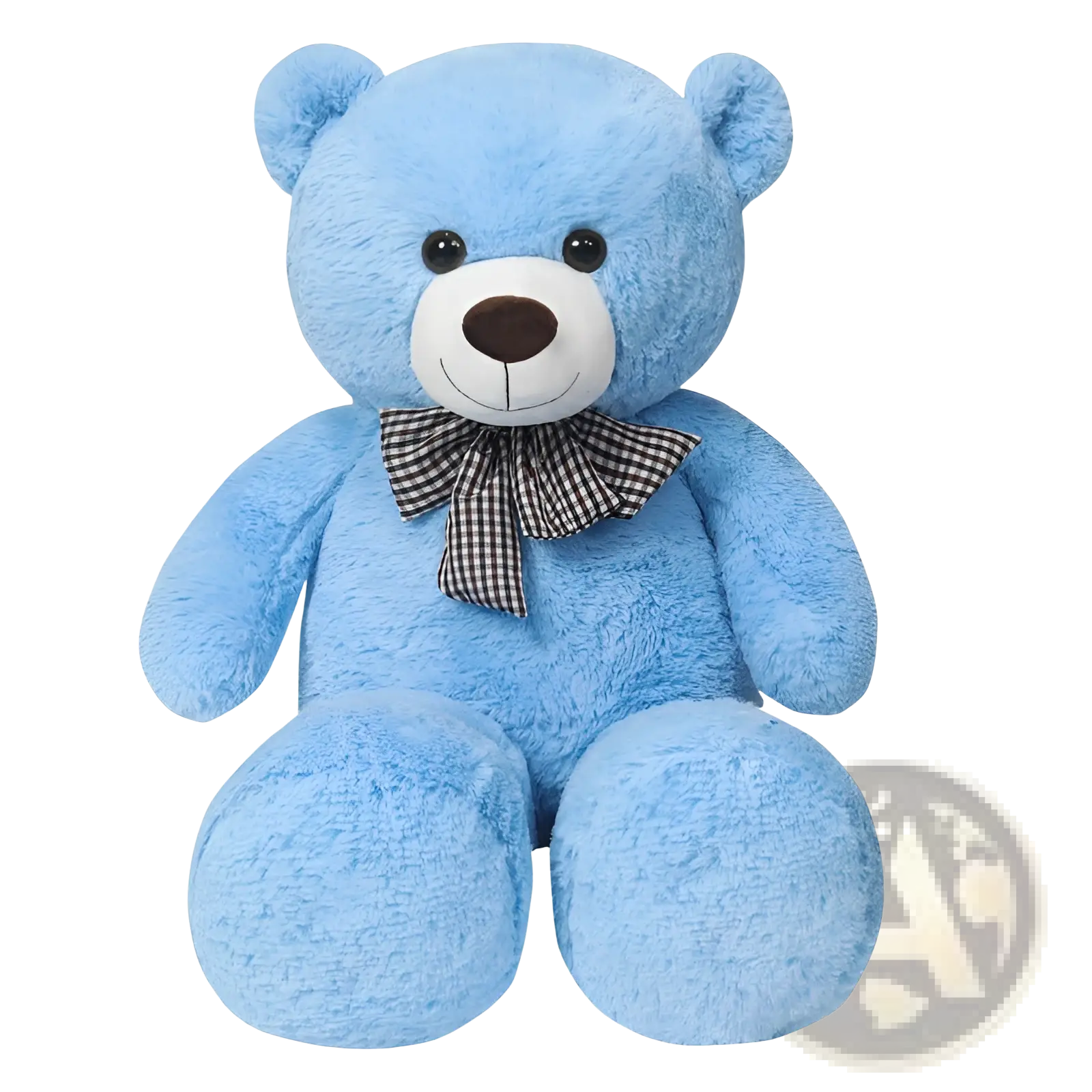 A plush light blue teddy bear with white snout black eyes and nose wearing a black and white checkered bow tie