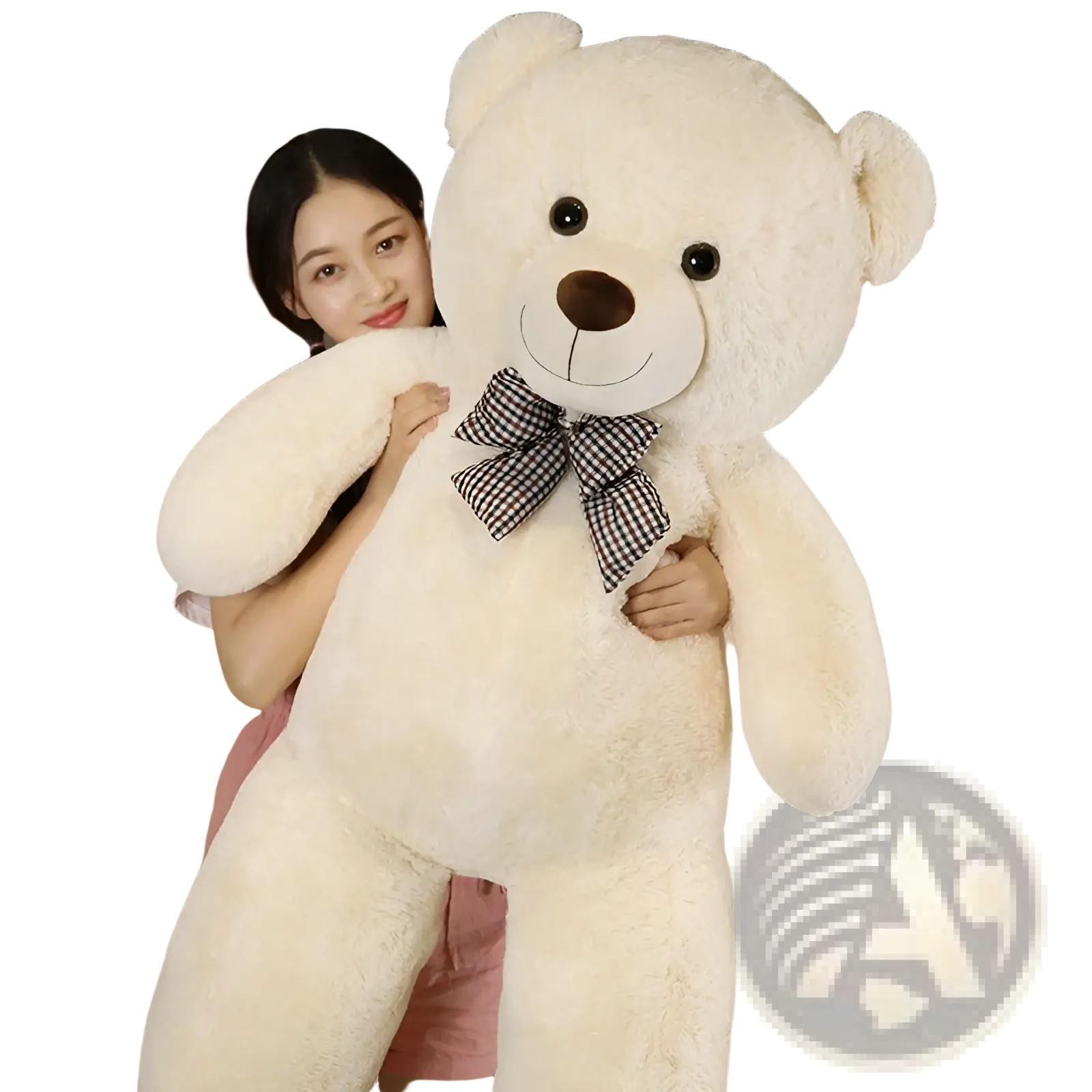 Cream-colored plush teddy bear with black button eyes and black-and-white checkered bow tie teddy bear plush toy
