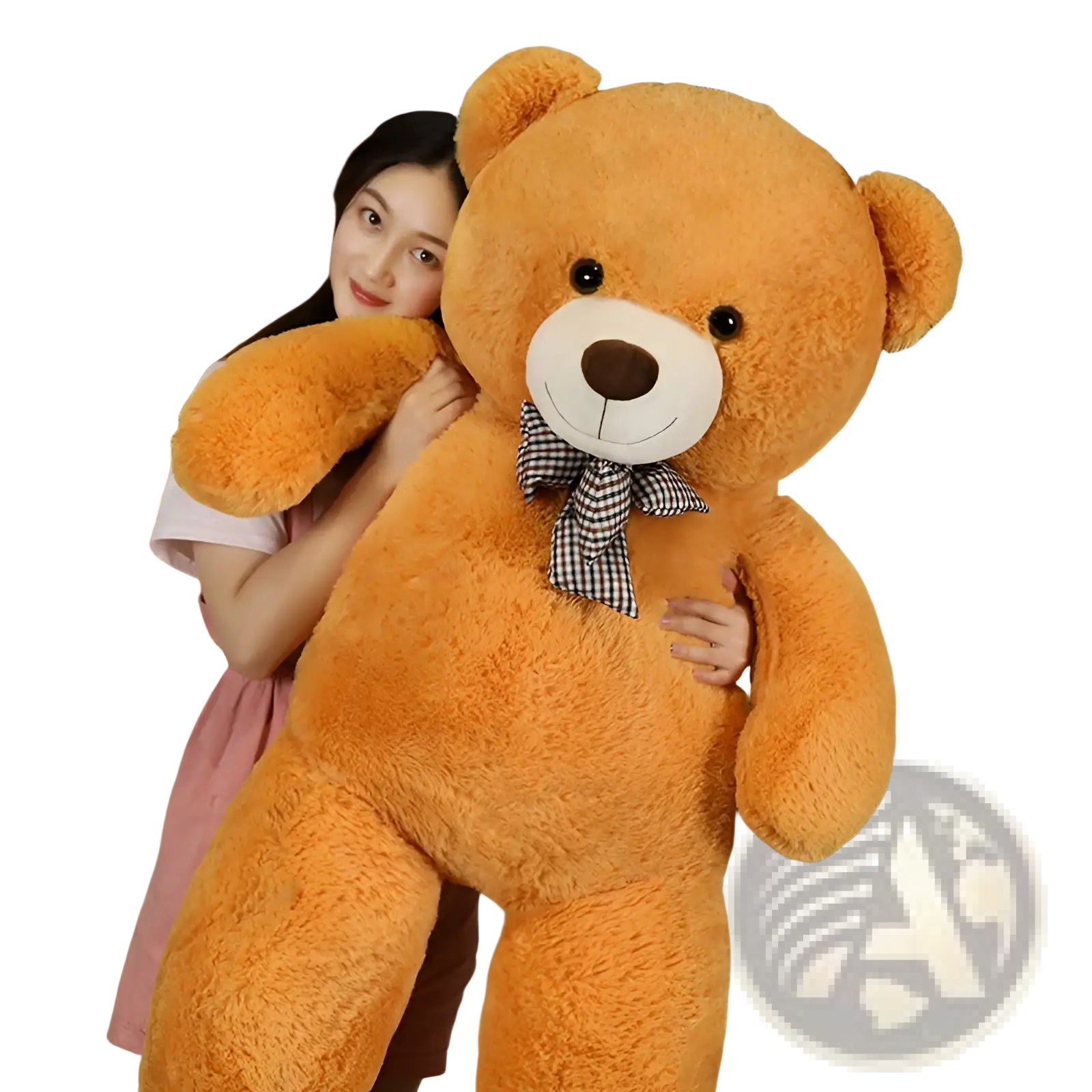 A plush tan teddy bear with a white snout and black button eyes wearing a checkered bow tie
