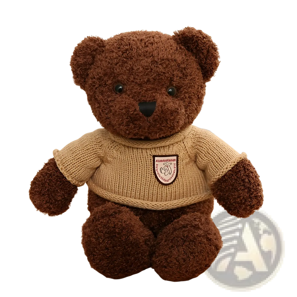 Brown plush teddy bear wearing a beige knitted sweater with an embroidered patch 55cm plush toy