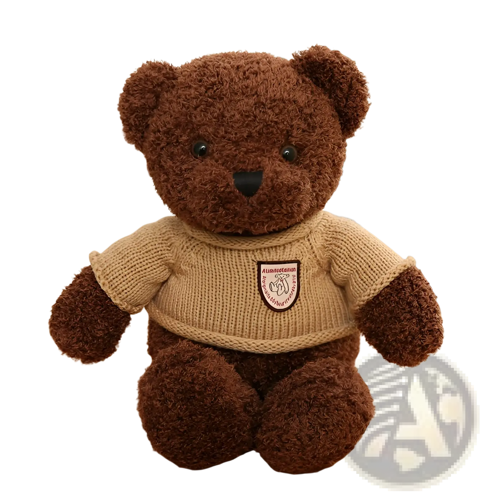 Brown plush teddy bear wearing a beige knitted sweater with an embroidered patch 55cm plush toy