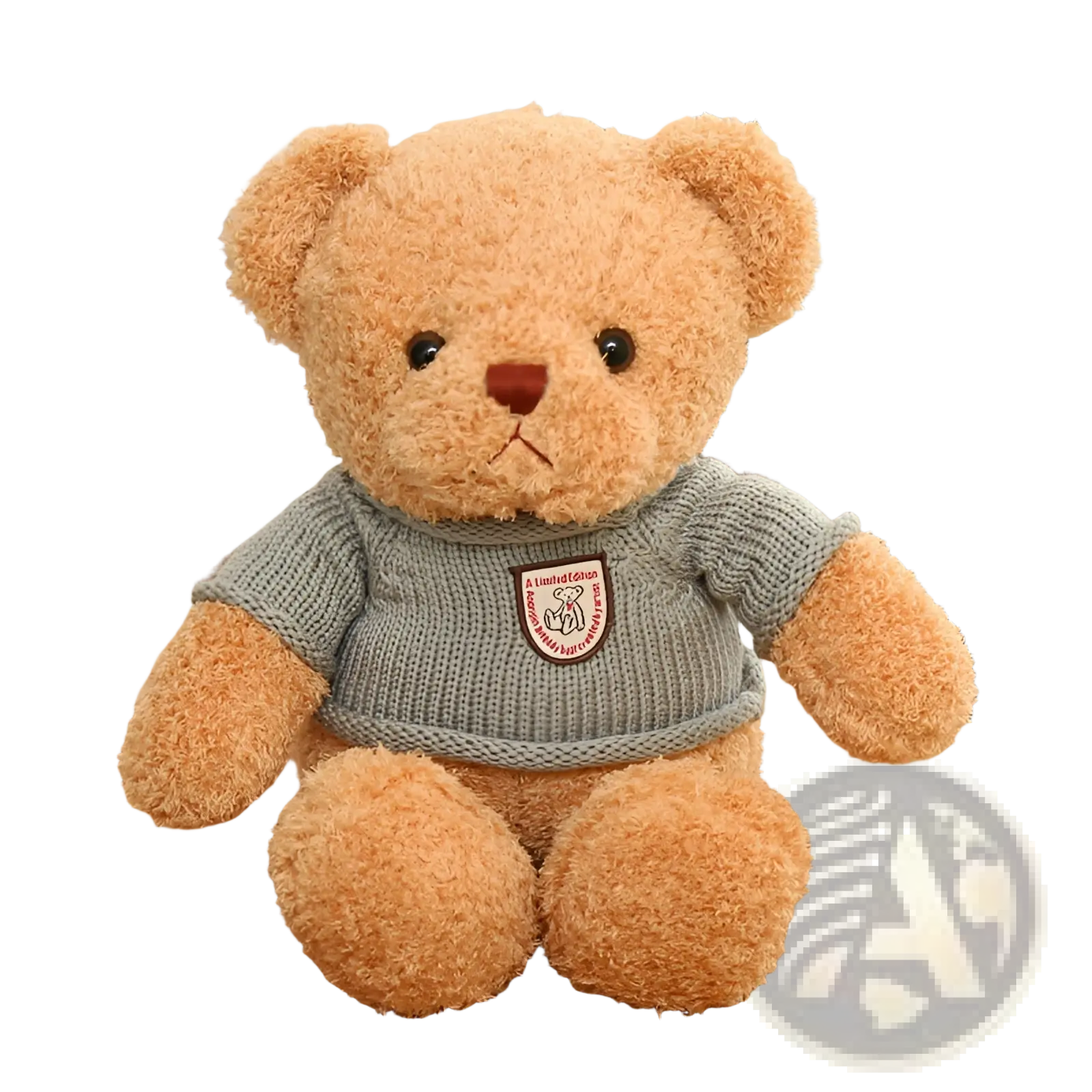 Teddy bear plush toy 55cm in tan with a gray knitted sweater featuring a red and white embroidered patch