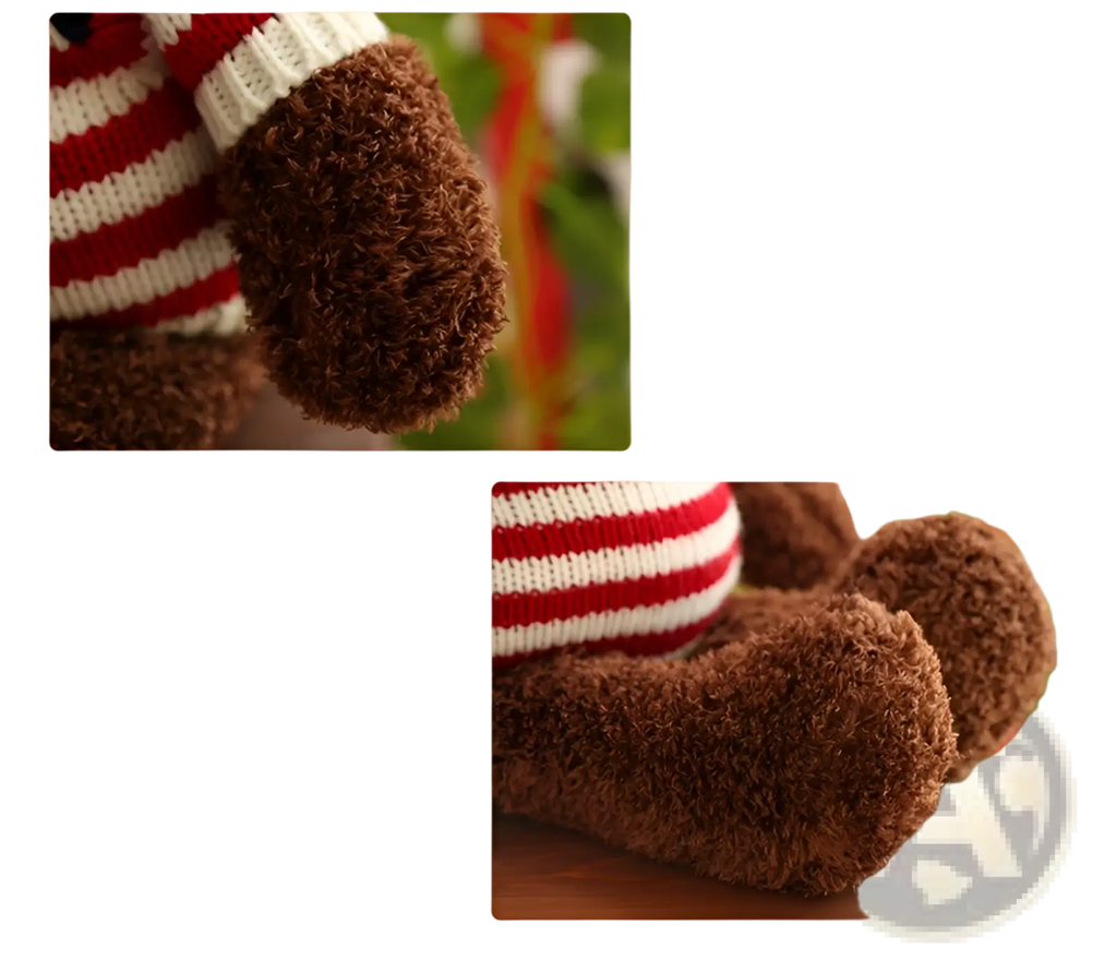 Brown fluffy teddy bear plush toy wearing a red and white striped knitted sweater measuring 55cm tall
