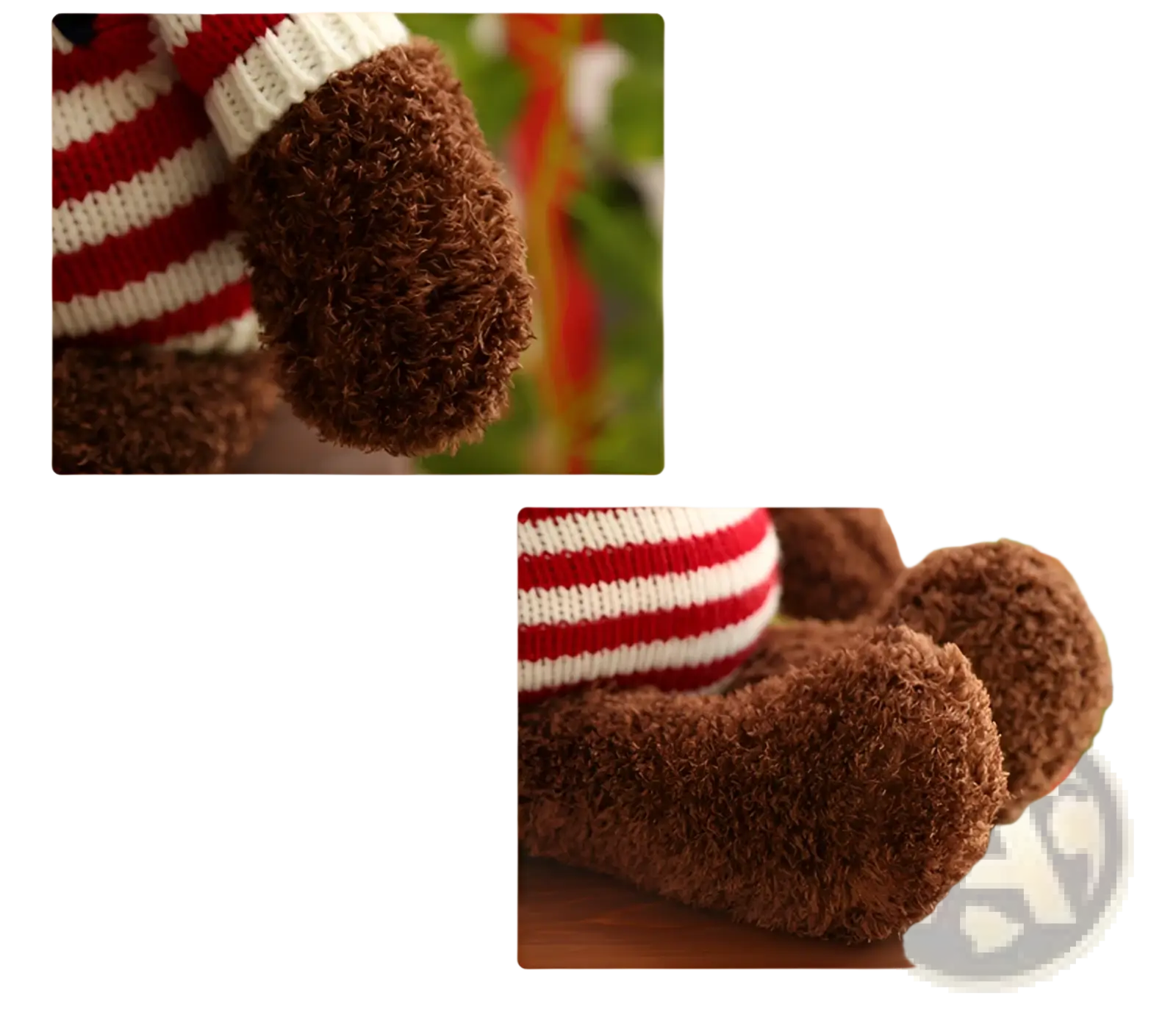 Brown fluffy teddy bear plush toy wearing a red and white striped knitted sweater measuring 55cm tall