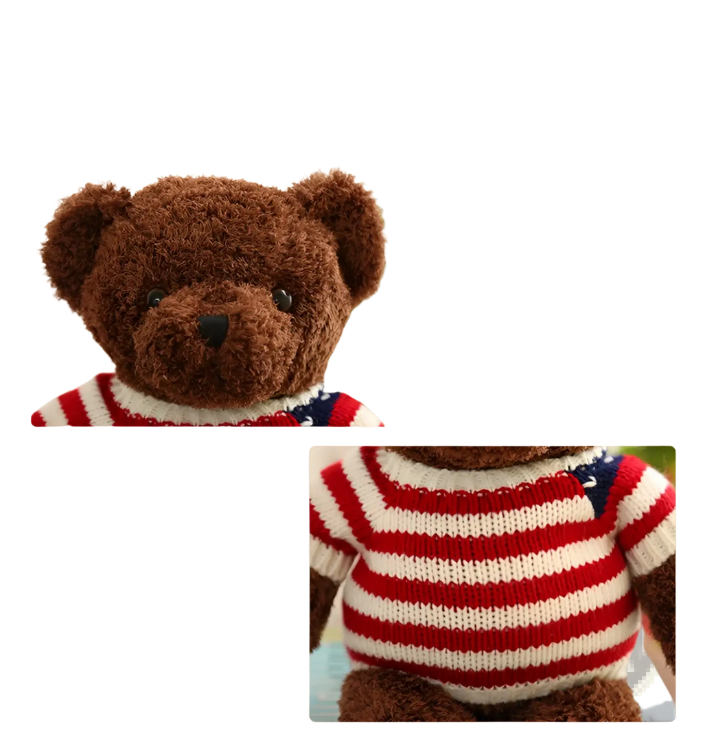 Brown plush teddy bear wearing a red and white striped knitted sweater with blue star details 55cm tall