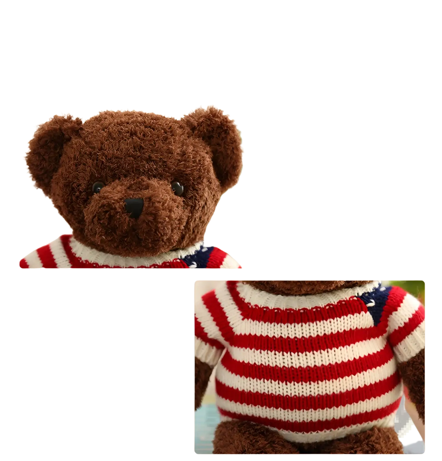 Brown plush teddy bear wearing a red and white striped knitted sweater with blue star details 55cm tall