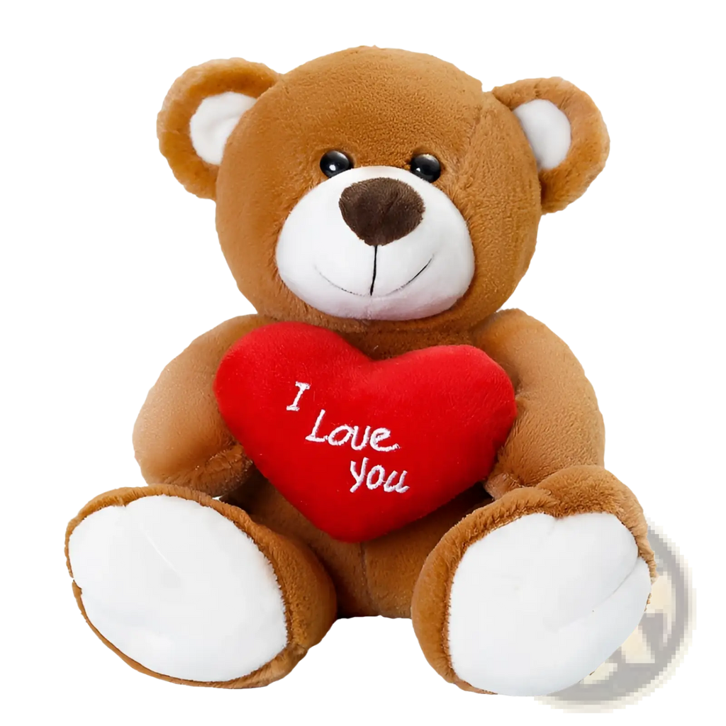 A plush brown teddy bear with white accents holding a red heart reading i love you 25cm doll with satin bow