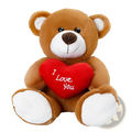 A plush brown teddy bear with white accents holding a red heart reading i love you 25cm doll with satin bow