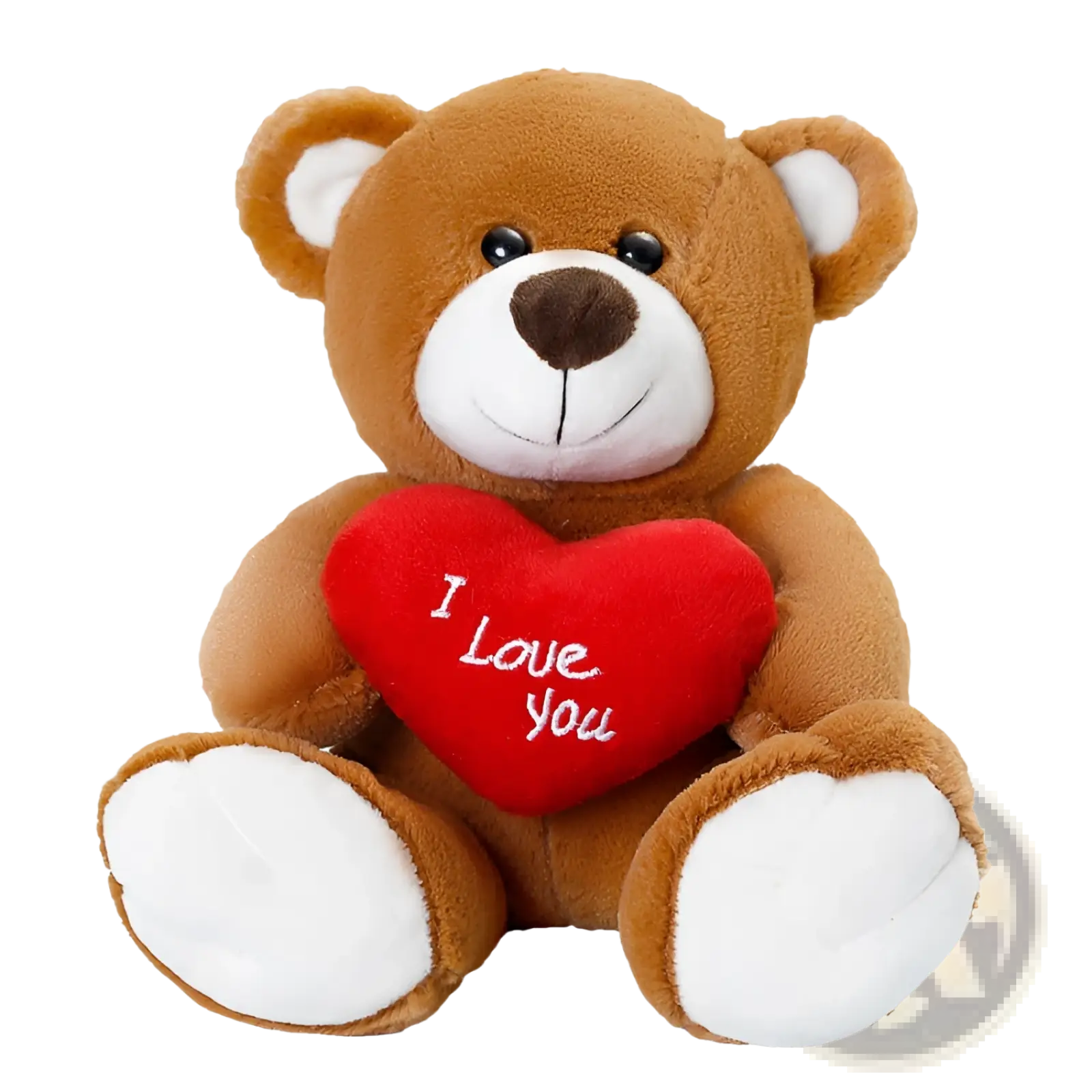 A plush brown teddy bear with white accents holding a red heart reading i love you 25cm doll with satin bow