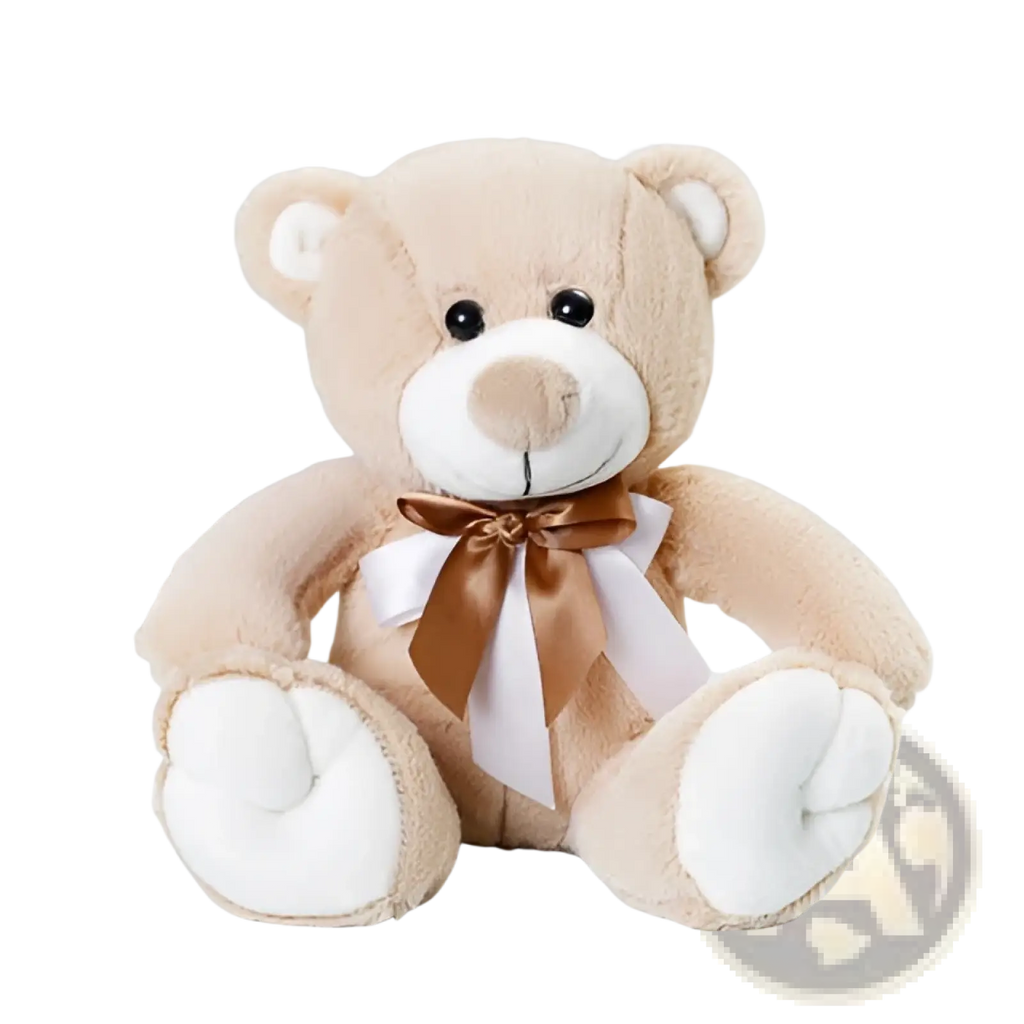 A plush beige teddy bear plush toy with white snout and paws, adorned with a brown satin bow, 25cm doll