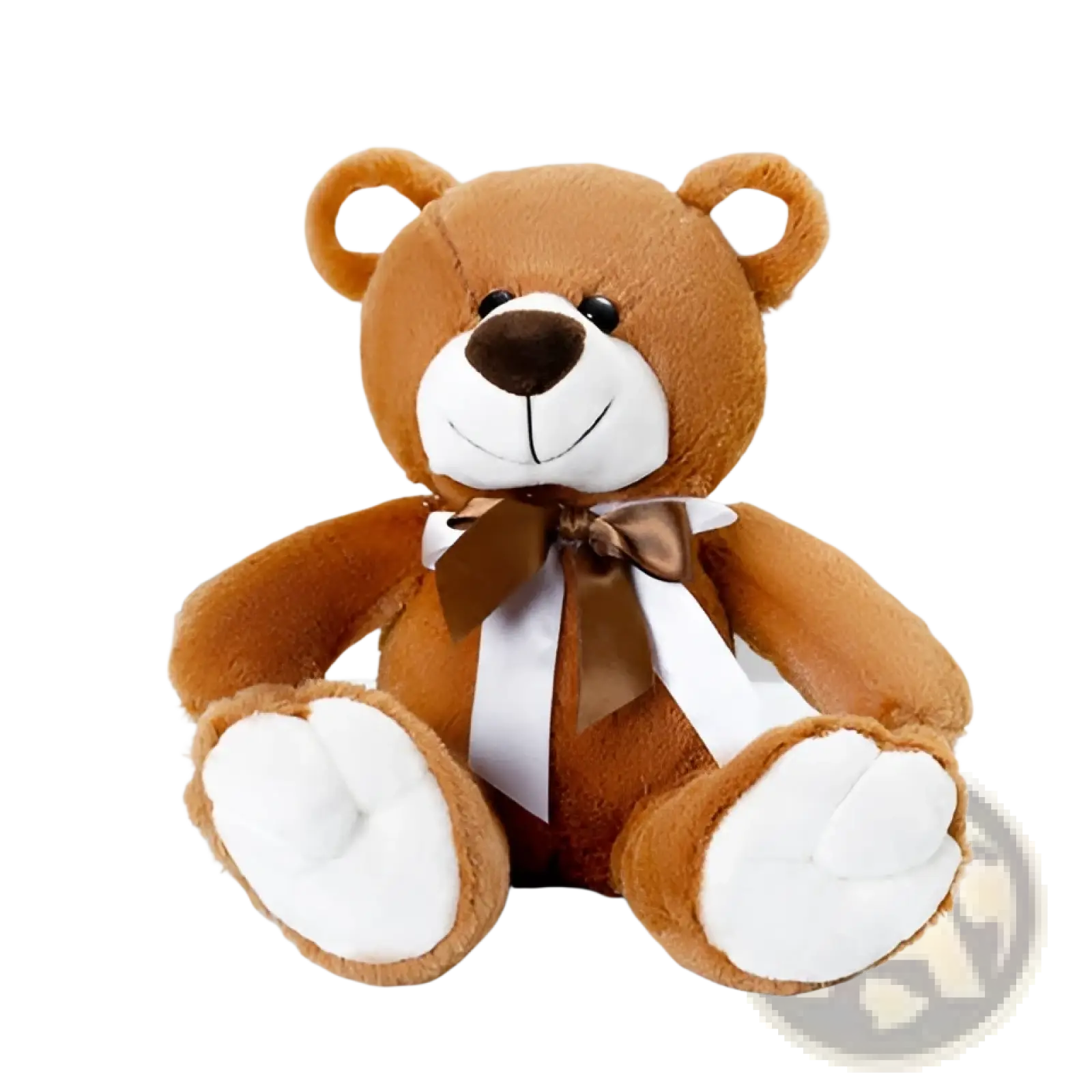 Teddy bear plush toy 25cm with brown fur white paws satin bow and black button eyes made of soft material