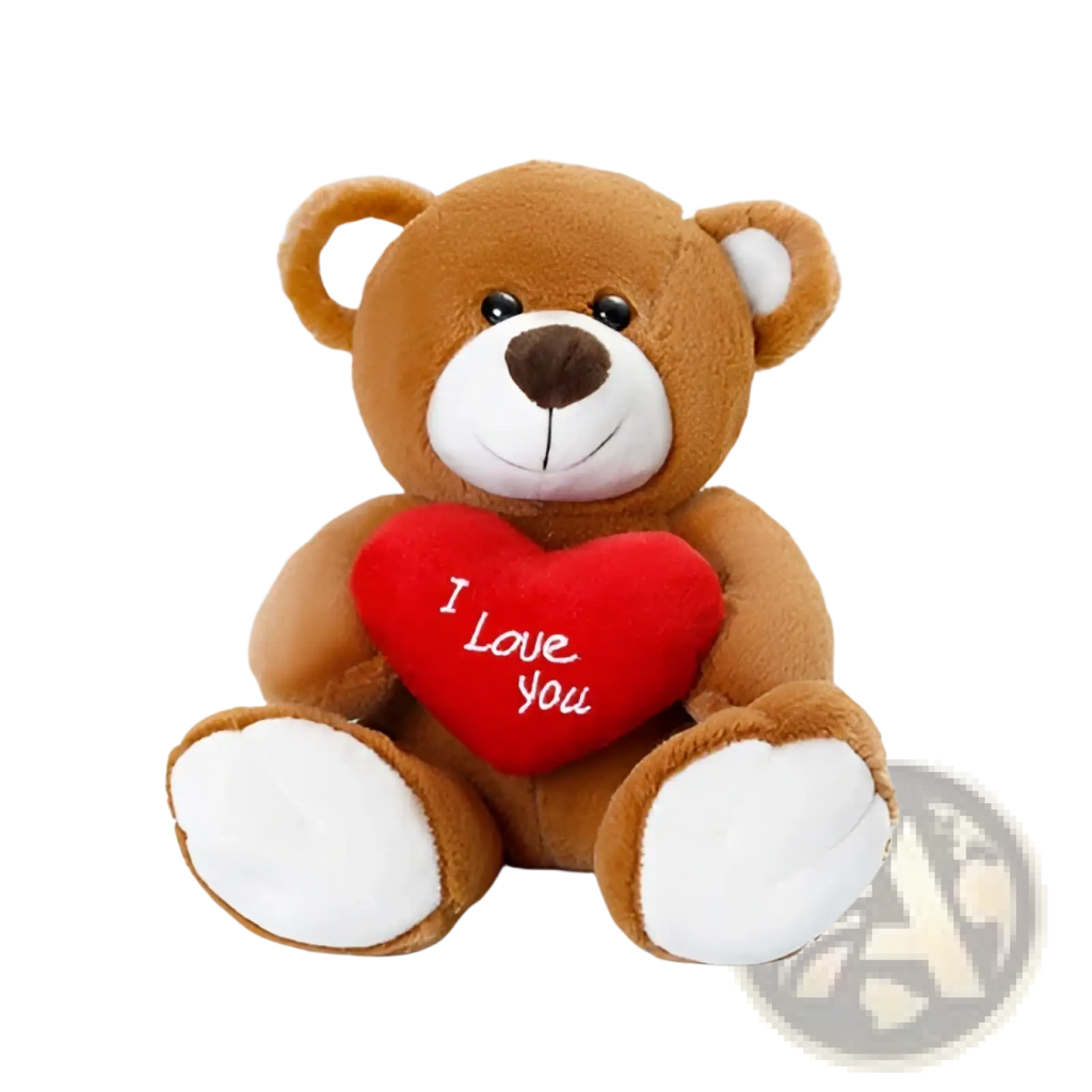 A plush brown teddy bear with white paws and inner ears holding a red heart with i love you text 25cm doll
