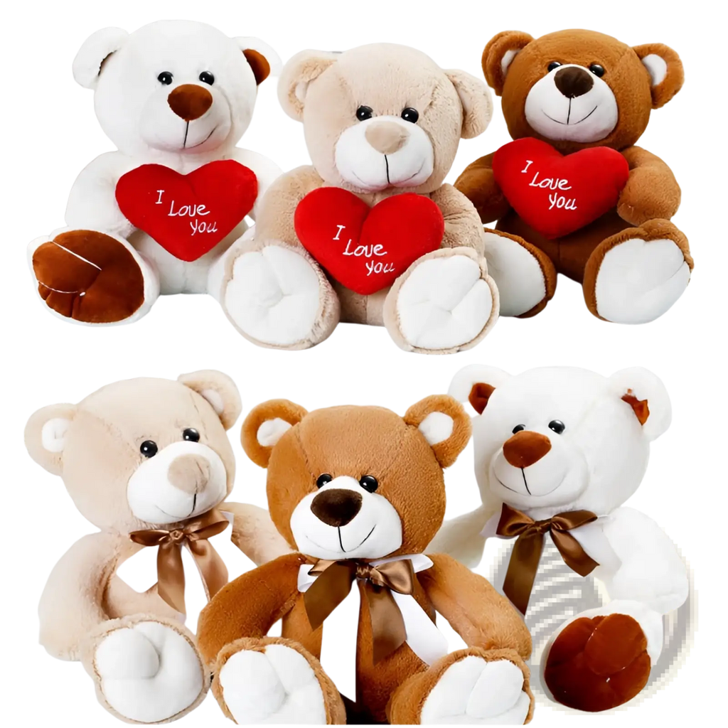Soft plush teddy bear plush toy 25cm in white beige and brown with embroidered faces and stitched details and satin bow