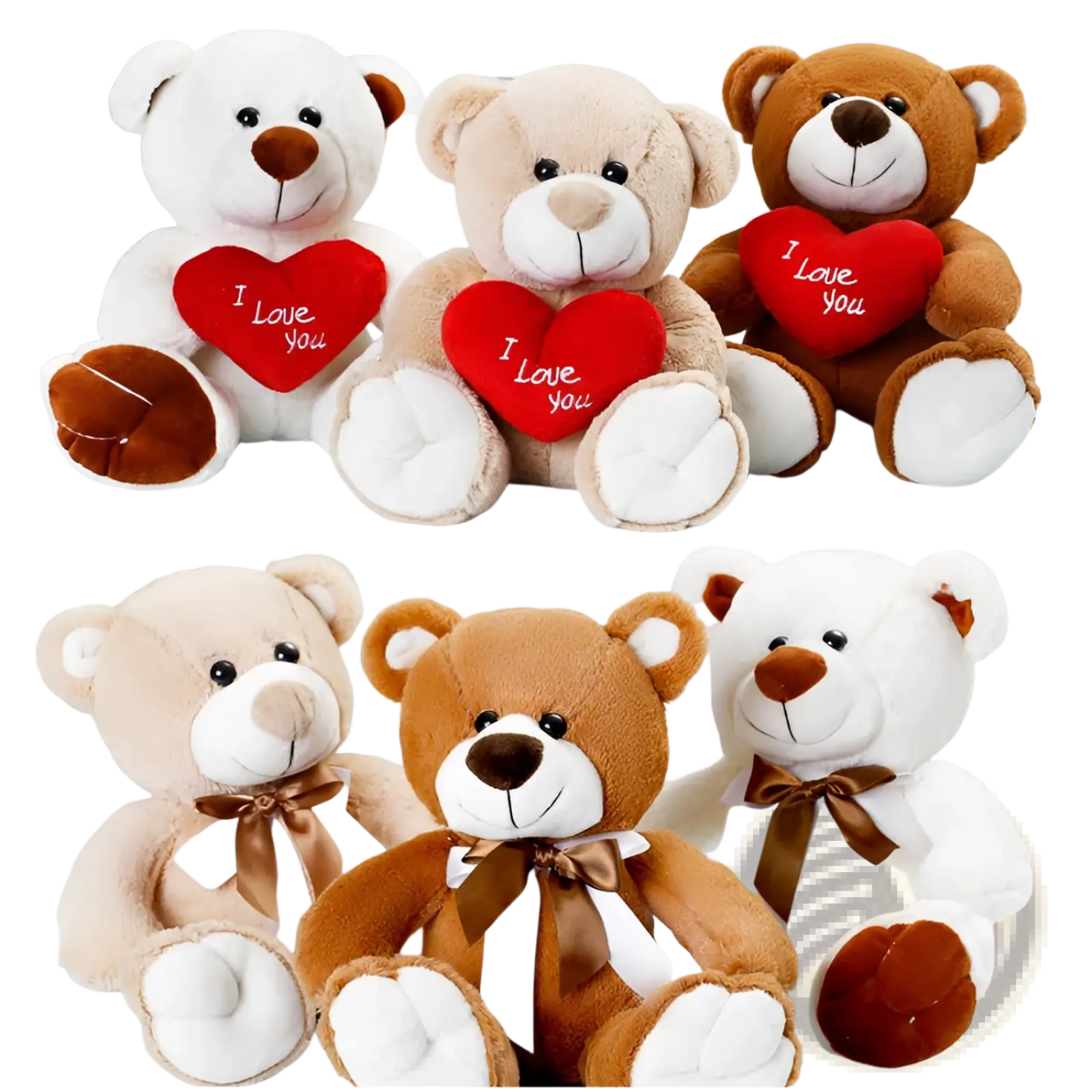 Soft plush teddy bear plush toy 25cm in white beige and brown with embroidered faces and stitched details and satin bow