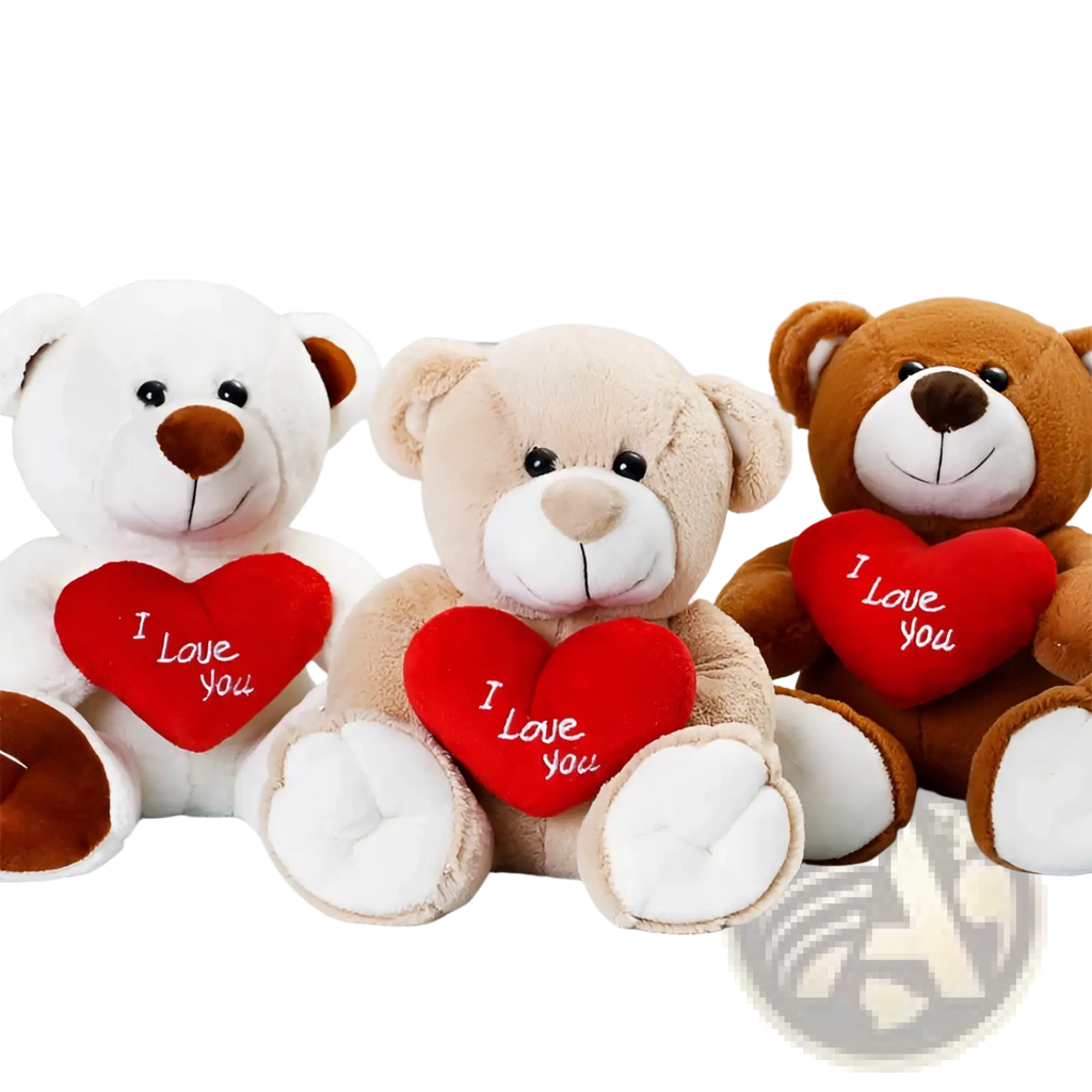 Three plush teddy bear plush toys with satin bow in white beige and brown holding red hearts with i love you text