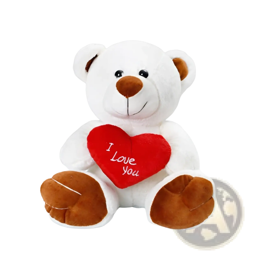 White plush teddy bear with brown accents holding a red heart reading i love you from teddy bear plush toy 25cm doll