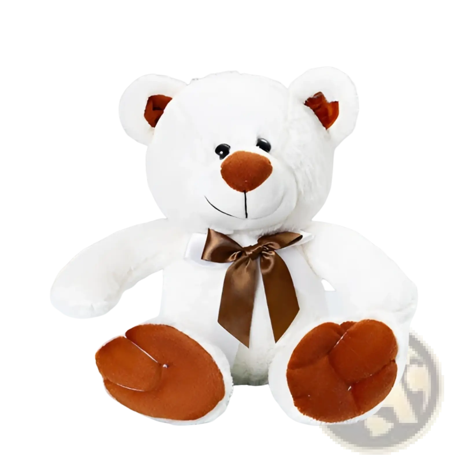 White plush teddy bear with brown ears nose and paw pads wearing a shiny chocolate brown satin bow 25cm doll toy