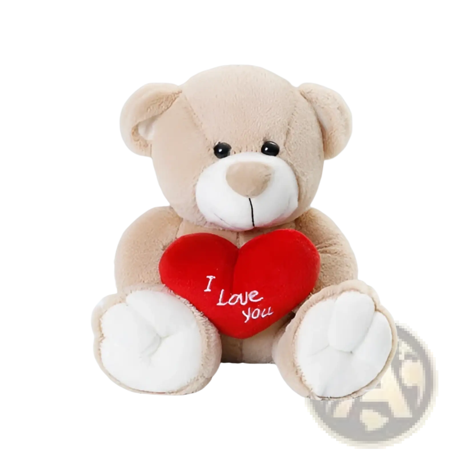 Soft beige plush teddy bear with white paws and nose holding a red heart saying i love you in 25cm satin bow doll