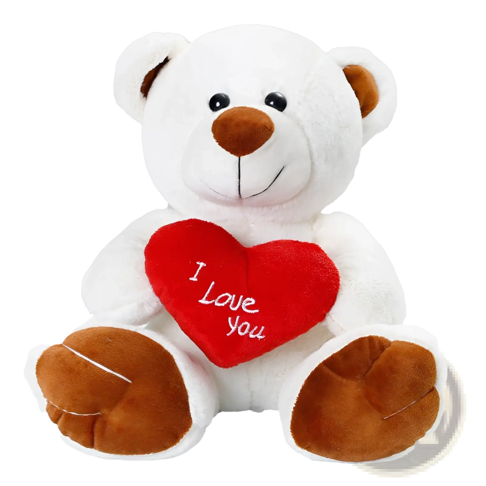 White plush teddy bear with brown ears nose and paws holding a red heart embroidered with i love you 25cm doll
