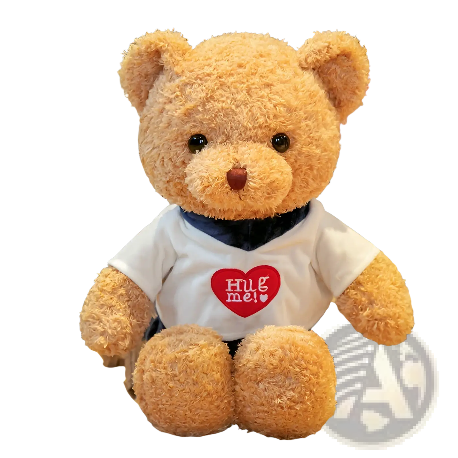 A plush tan teddy bear wearing a white t-shirt with a red heart and navy blue collar soft stuffed animal doll
