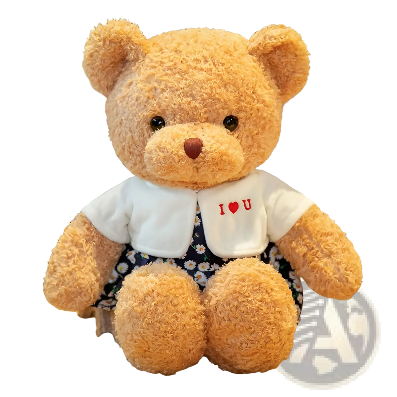 A plush tan teddy bear wearing a white i heart u shirt and navy skirt with white daisies soft stuffed doll